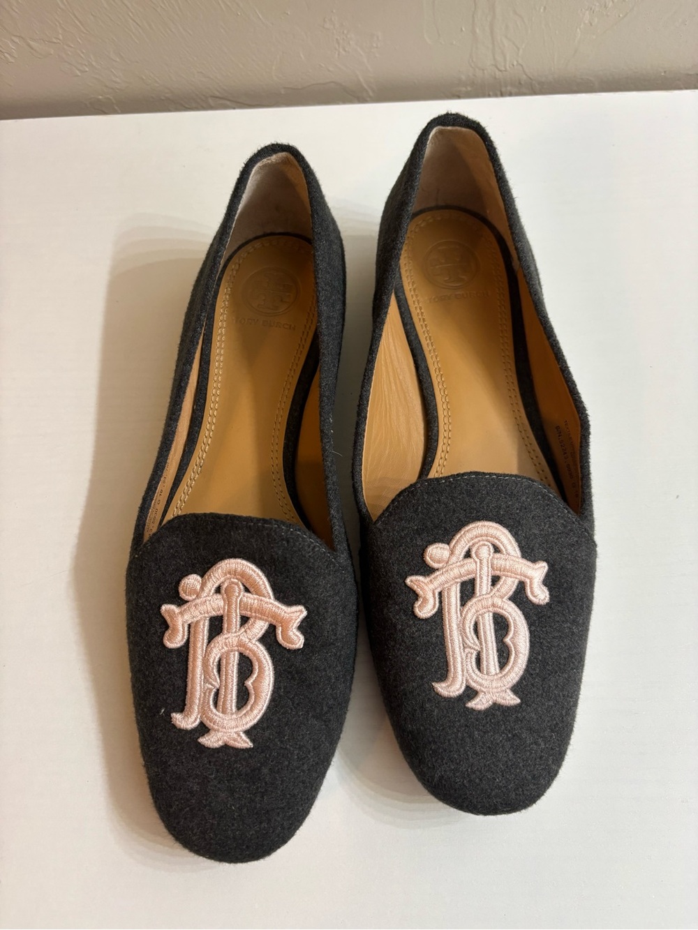 Tory Burch Charcoal Felt Loafers with Pale Pink Monogram